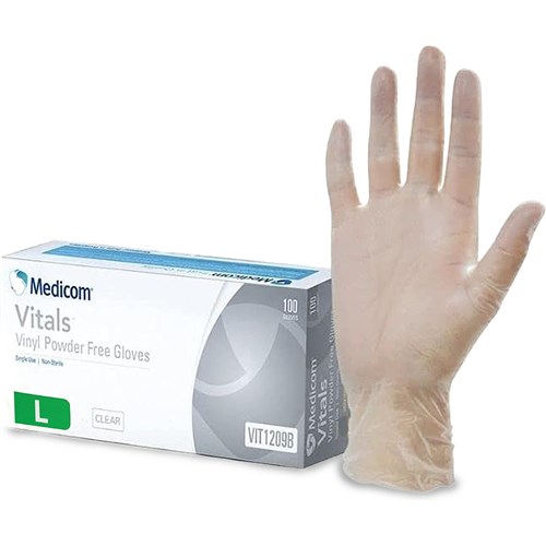 Medicom Vitals Vinyl Gloves Powder Free Clear Medium Pack of 100